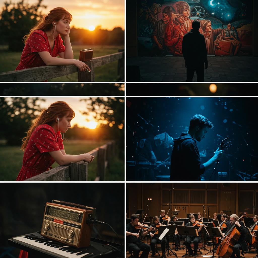 노을빛 풍경과 전시 공간, 무대와 오케스트라가 교차하며 음악과 예술이 이어지는 다층적 흐름