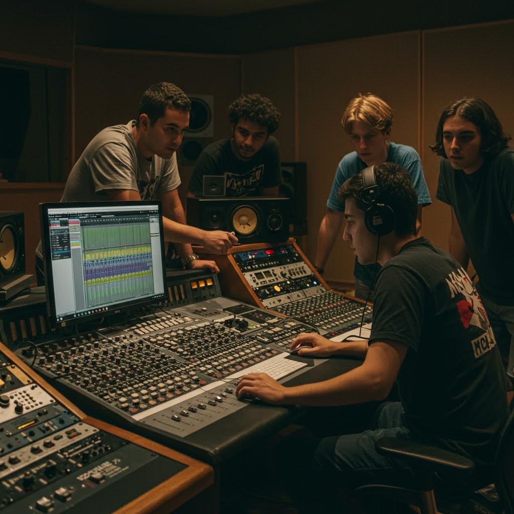 음향 장비와 모니터 앞에서 엔지니어와 뮤지션들이 함께 집중하며 음악 제작 과정을 공유하는 순간