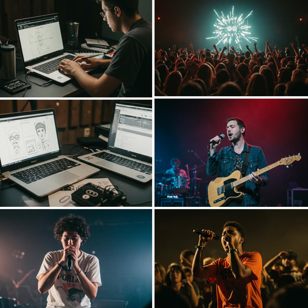 디지털 작업과 공연 무대, 보컬들의 에너지가 어우러져 현대 음악 시장의 접근 방식을 드러내는 장면