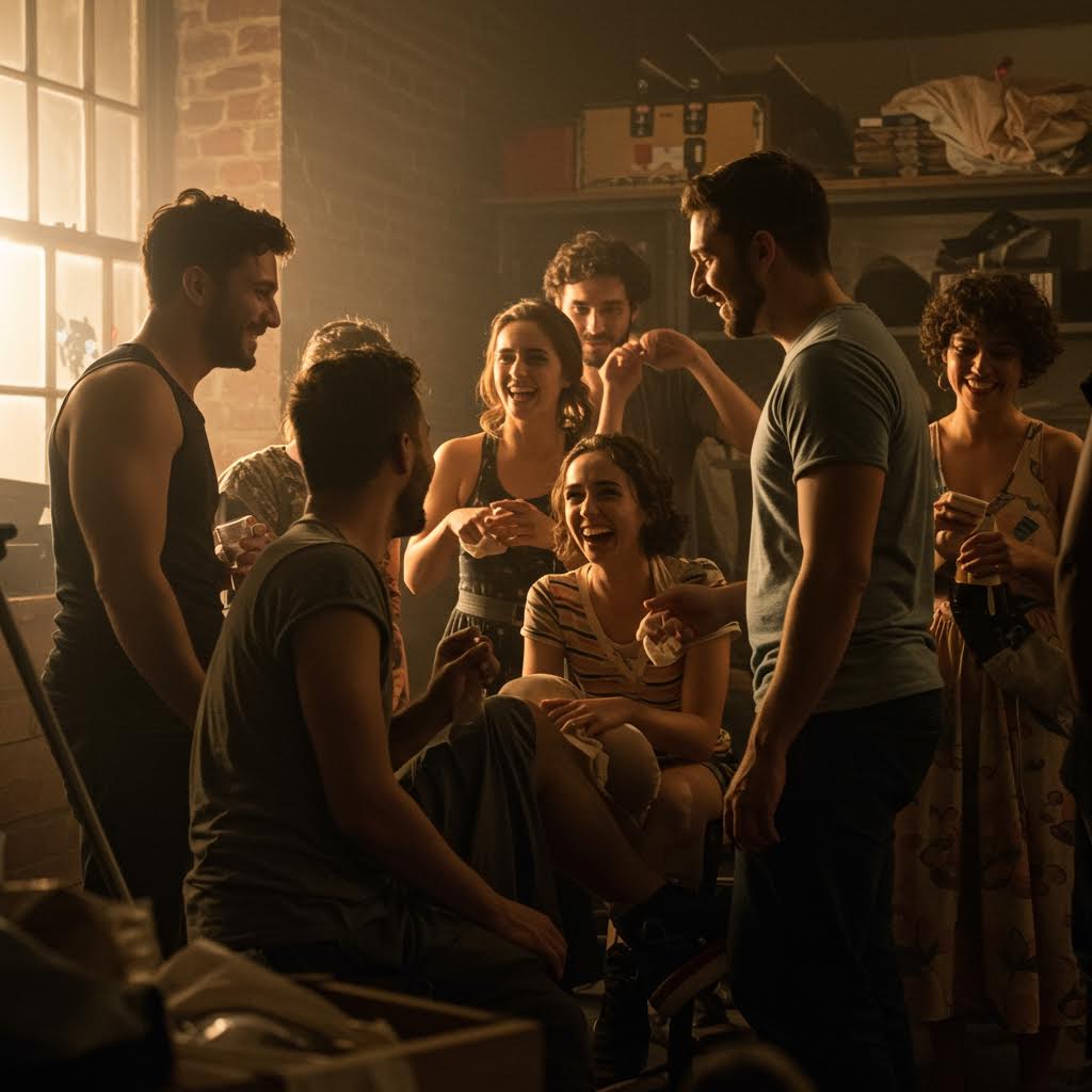 공연이 끝난 후 배우들이 무대 뒤편에서 함께 웃으며 이야기를 나누는 따뜻한 순간의 여운이 머무는 장면