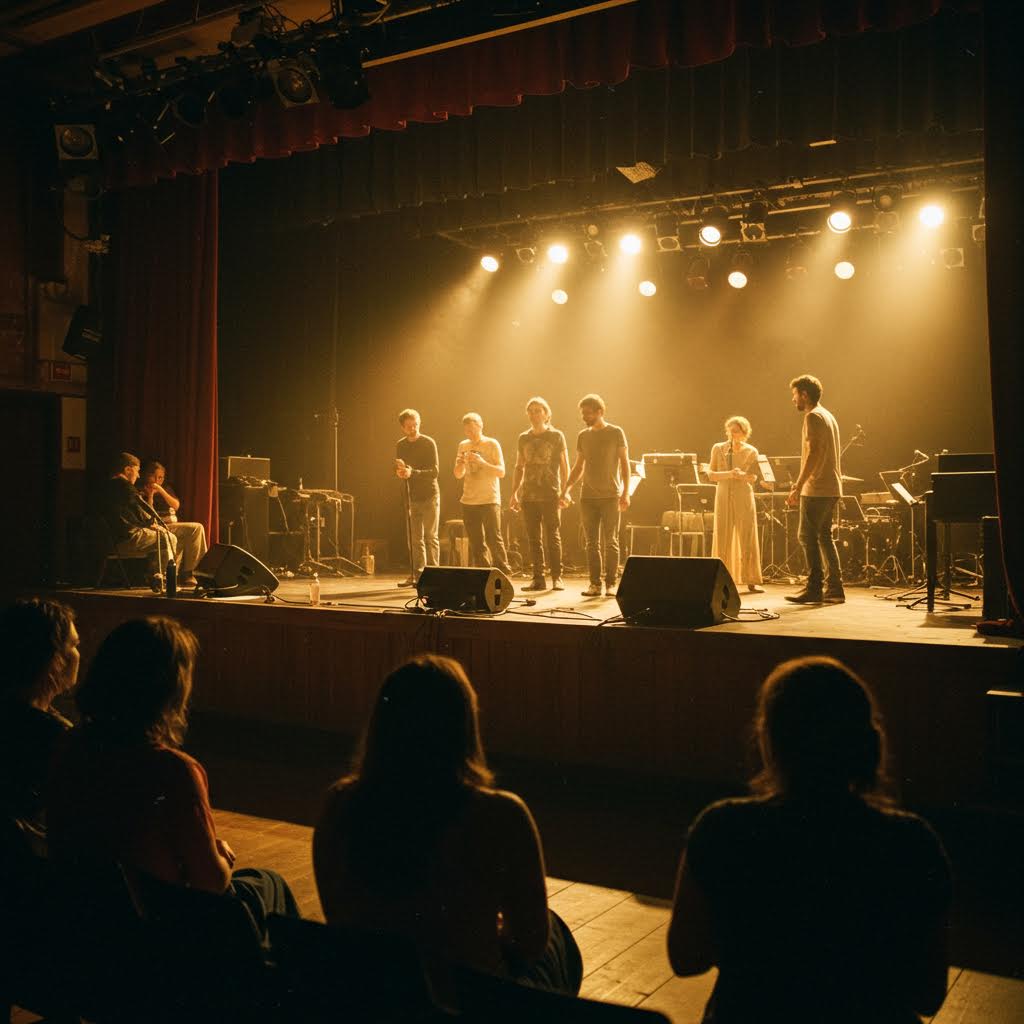 호텔 외벽과 도시 야경이 조화를 이루며 음악 공연과 여행이 한 장면으로 어우러지는 야경의 인상