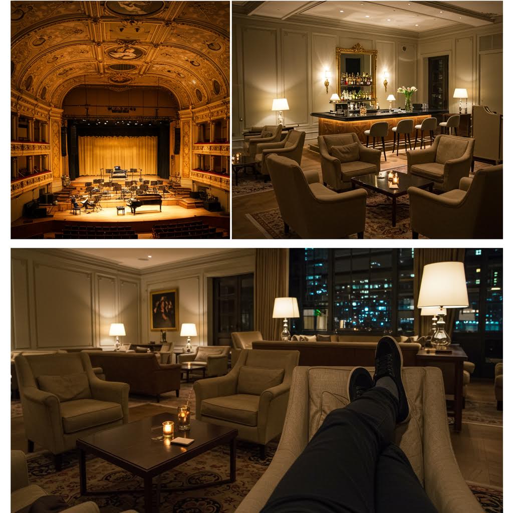 호텔 내 공연장과 라운지가 이어진 공간에서 예술적 감성과 여행자의 휴식이 결합된 문화 체험의 구도