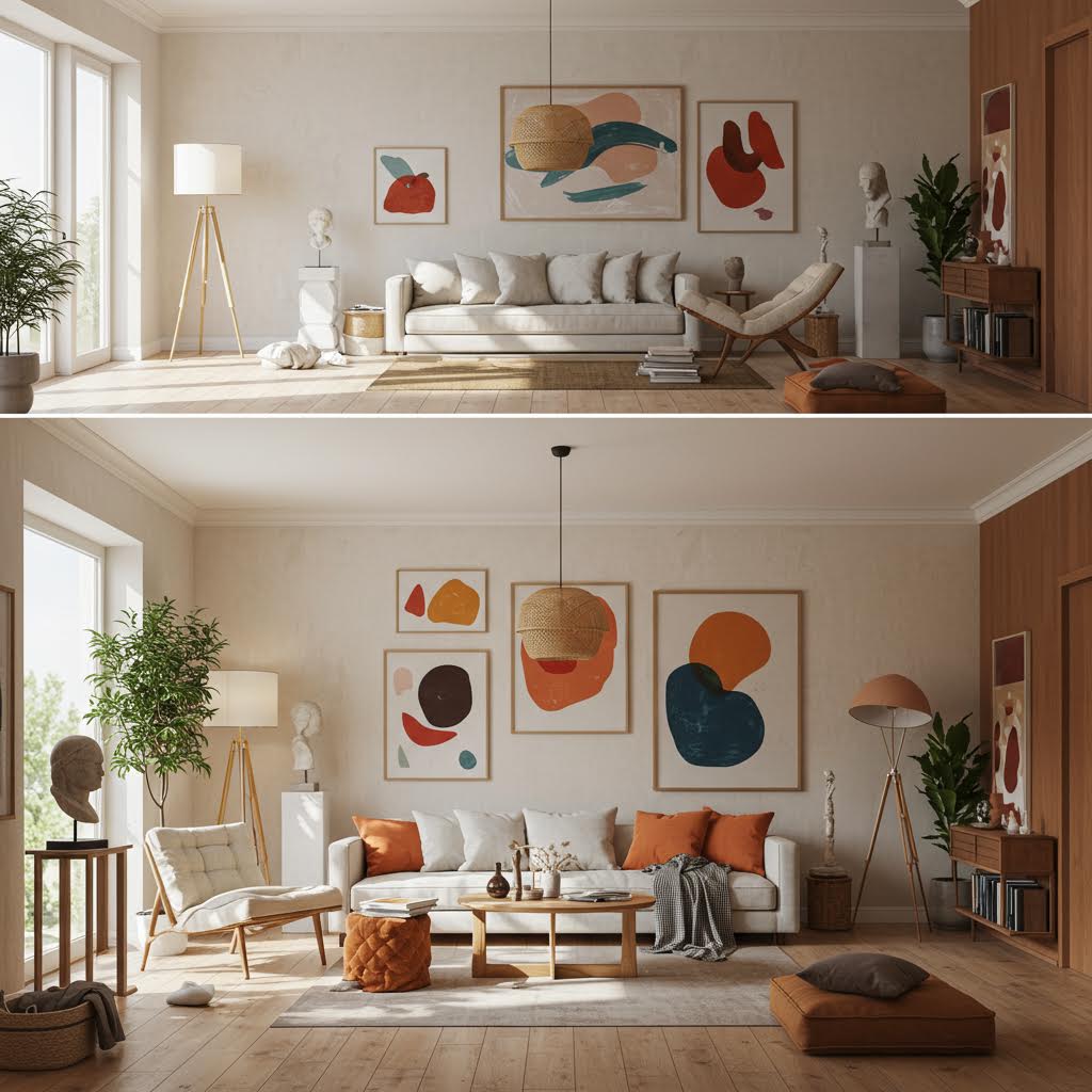모던한 인테리어의 거실에 예술 작품이 걸려 있으며, 휴식과 감상이 어우러지는 예술적 공간의 흐름