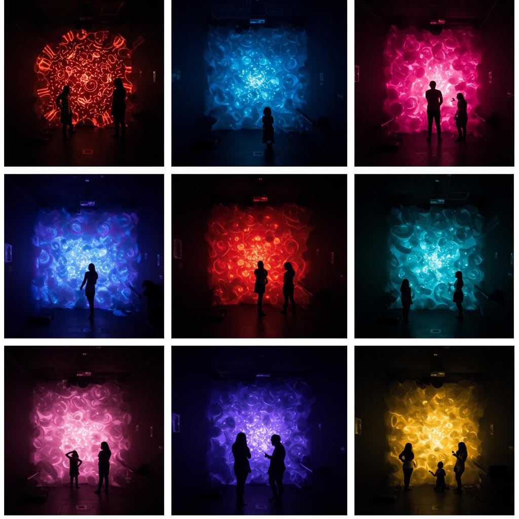 빛과 색의 대비 속에서 실루엣 인물들이 감각적 조명 아래 서 있는 몰입형 공간 예술의 현장