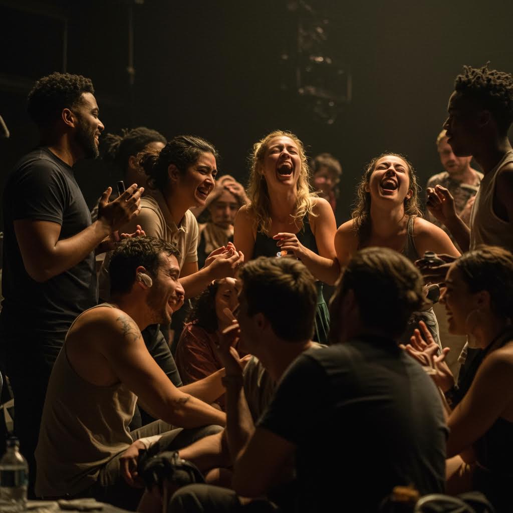 무대 위에서 배우들이 관객과 웃음을 나누며 공연을 마무리하는 순간의 따뜻한 분위기가 담긴 장면