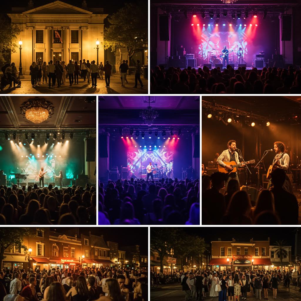 공연 무대의 다양한 조명 아래 밴드와 관객이 함께 어우러져 감정의 리듬을 나누는 생동감 있는 공연의 순간