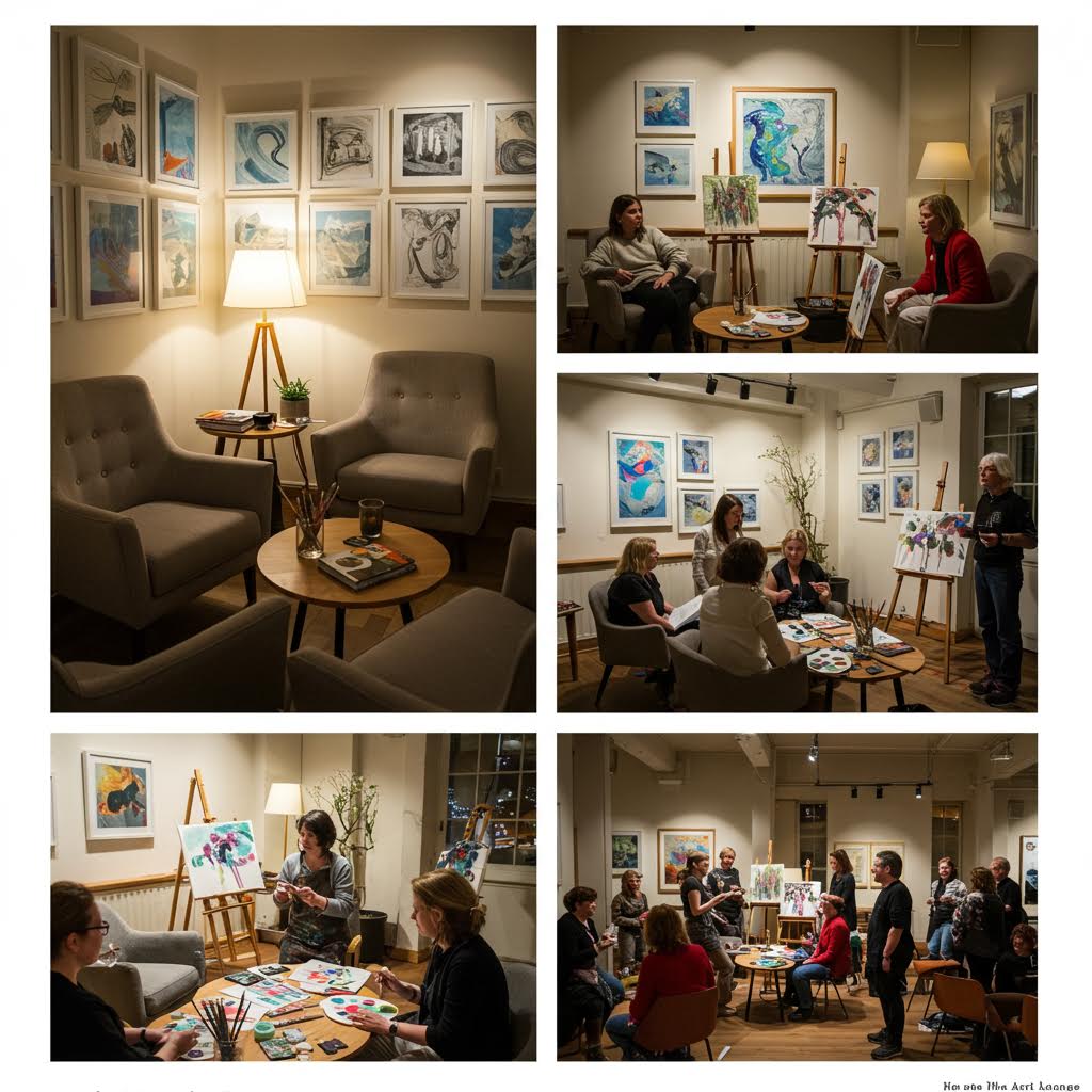 호텔 아트라운지 내부에서 관람객과 배우가 함께 예술 작품을 감상하며 공연 이후의 여운을 나누는 구도