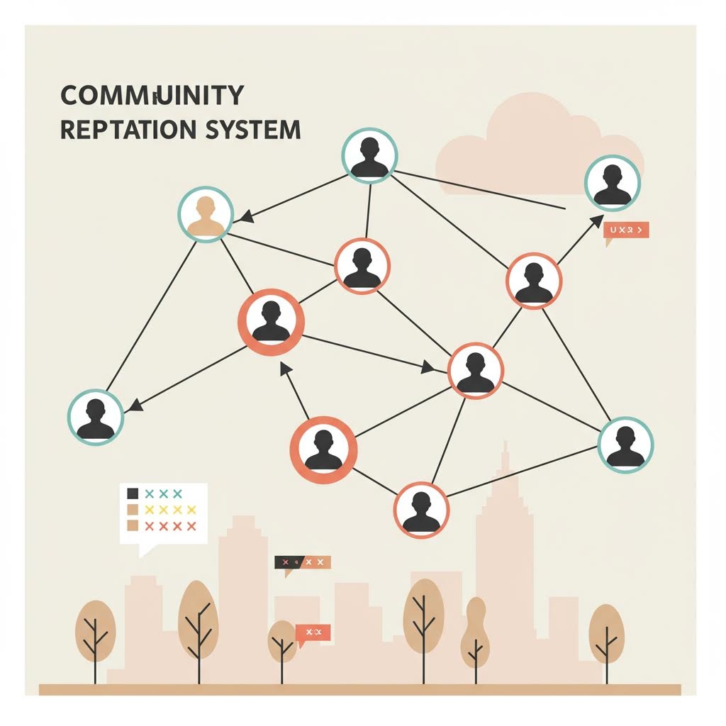 여러 사람 아이콘이 원형 프레임 속에 배치되고 서로 화살표로 연결되어 각 사용자의 신뢰도 흐름과 상호작용 경로를 나타낸 다이어그램이 도시 실루엣을 배경으로 펼쳐진 장면.
