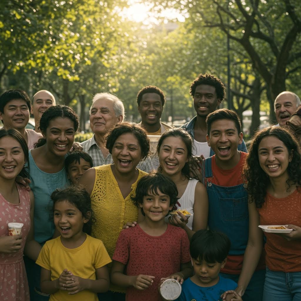 햇살이 스며드는 공원에서 다양한 사람들이 다 함께 웃으며 한자리에 모인 따뜻한 모임의 풍경