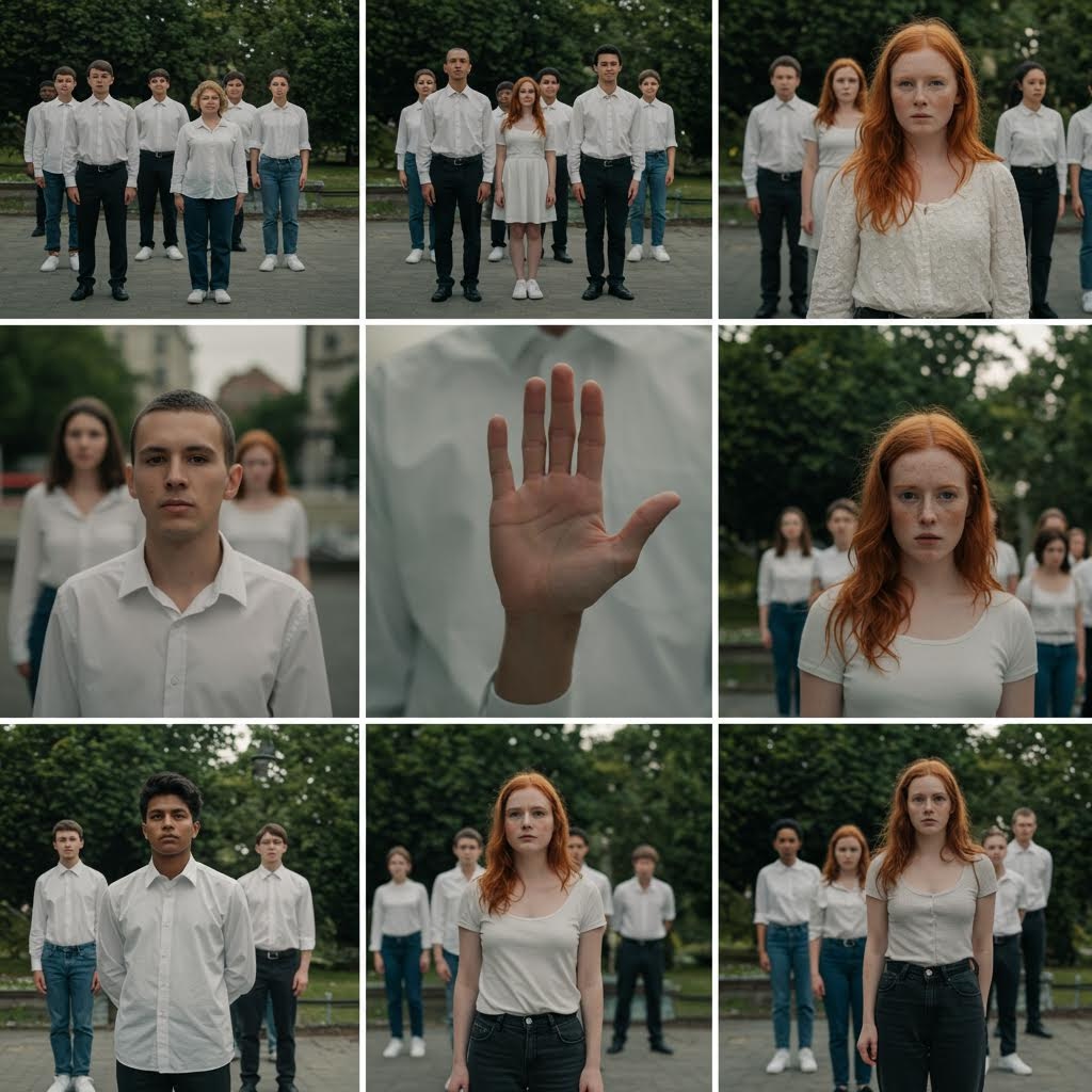 한 무리의 사람들이 흰 셔츠와 밝은 옷차림으로 줄지어 서 있고, 가운데는 다양한 인물의 근접 초상과 손바닥을 든 장면이 교차하며 차분하고 상징적인 분위기를 이루는 구성.