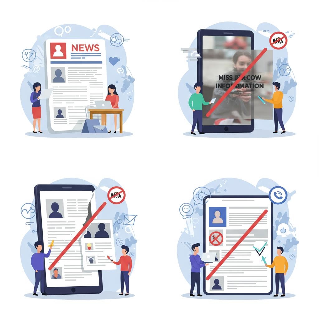 뉴스 페이지·스마트폰 화면·게시물·사용자가 함께 등장하며, 가짜 정보가 붉은 표시로 차단되거나 검증 절차를 통해 분류되는 모습을 네 개의 장면으로 구성한 일러스트.