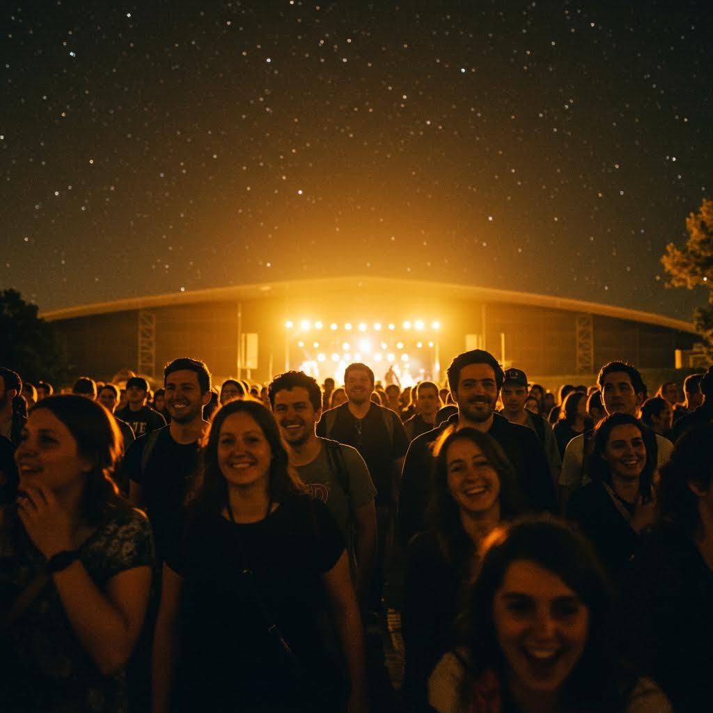 밤하늘 별빛 아래 무대 조명이 비치는 쪽으로 사람들이 모여 웃음과 기대감이 번지는 축제의 순간