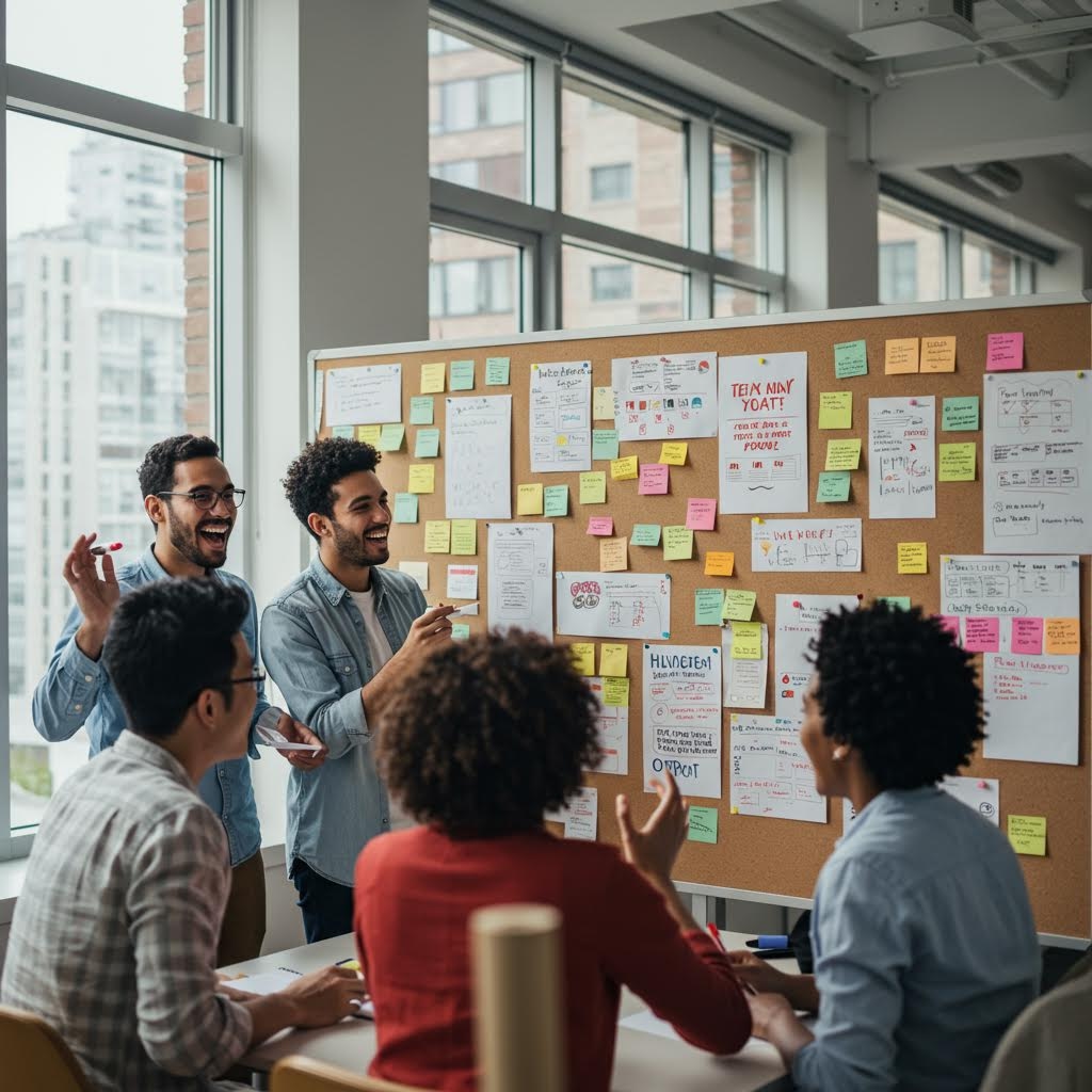 넓은 창가 회의실에서 다섯 명이 빼곡히 메모와 아이디어가 붙은 대형 보드를 바라보며 활발히 의견을 나누고 손짓하며 협업하는 모습.