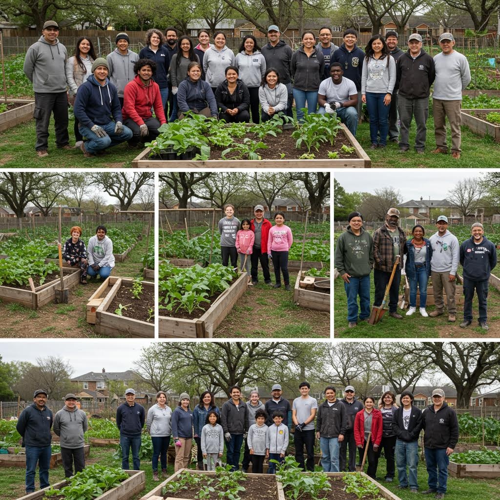 여러 연령대의 주민들이 텃밭에서 모종을 가꾸거나 퇴비통 옆에 서서 미소 짓는 모습이 다양한 그룹 조합으로 촬영되어 지역 공동체의 정원 활동을 기록한 장면.