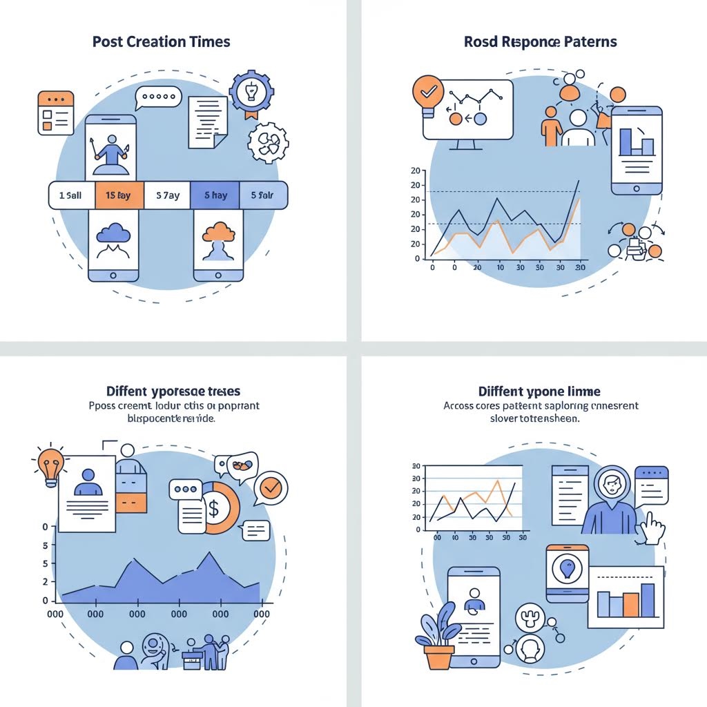 게시물 작성 시기, 사용자 반응 그래프, 다양한 데이터 패널과 차트가 아이콘과 함께 분산 배치되어 온라인 활동 패턴과 성향 변화를 설명하도록 구성된 네 구획의 인포그래픽.