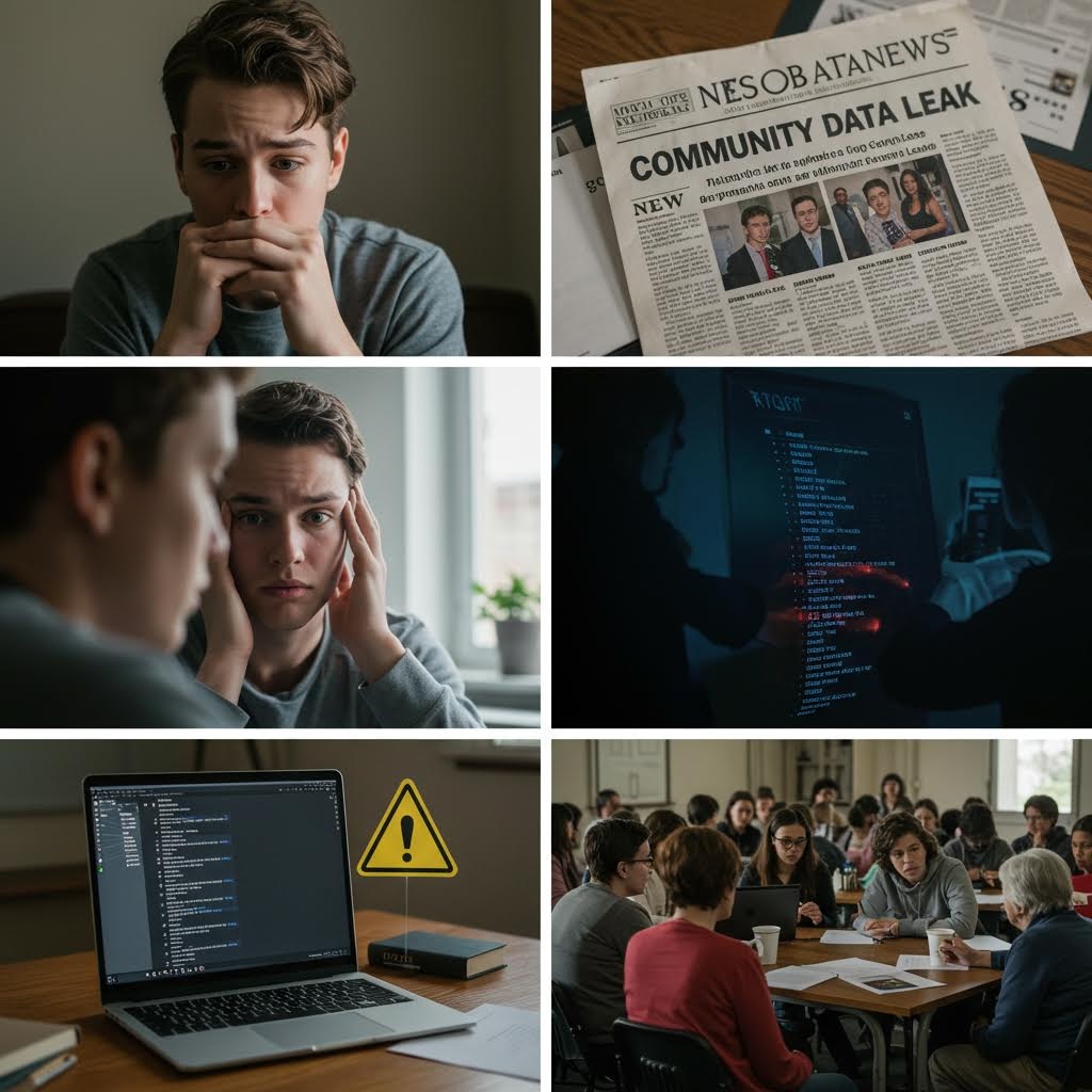 젊은 남성이 불안한 표정으로 고민하고, 신문에 ‘COMMUNITY DATA LEAK’ 제목이 실려 있으며, 어두운 방에서 코드가 투사된 스크린 앞에서 분석하는 사람들과 회의실에서 논의하는 사람들이 차례로 나타나는 구성.