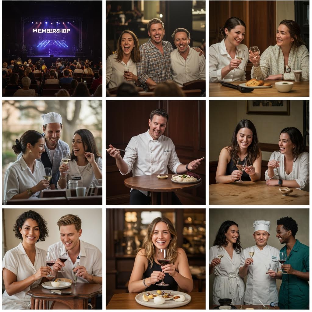 공연장과 식탁을 오가며 여러 사람이 요리와 음료를 나누고 함께 즐거운 시간을 보내는 교류의 흐름