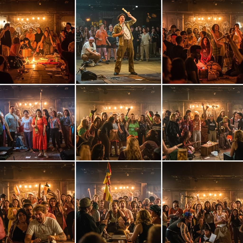 실내 무대 주변으로 사람들이 빽빽하게 모여 소리와 움직임을 함께 나누며 활기를 더하는 공연 현장의 흐름