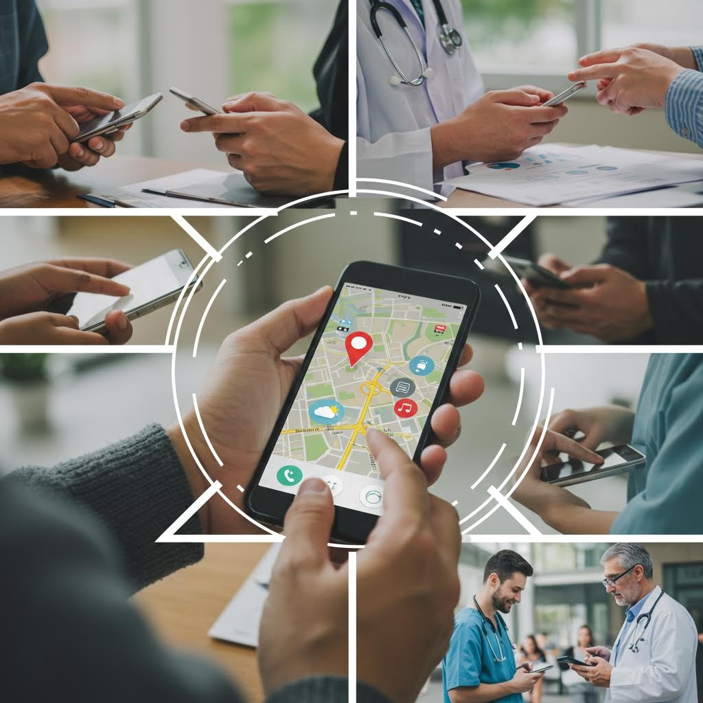 중앙에는 위치 아이콘이 표시된 지도가 켜진 스마트폰을 손에 든 장면이 있고, 테두리에는 의료진과 일반인이 스마트폰으로 정보를 주고받는 근접 장면들이 방사형으로 배치된 구성.
