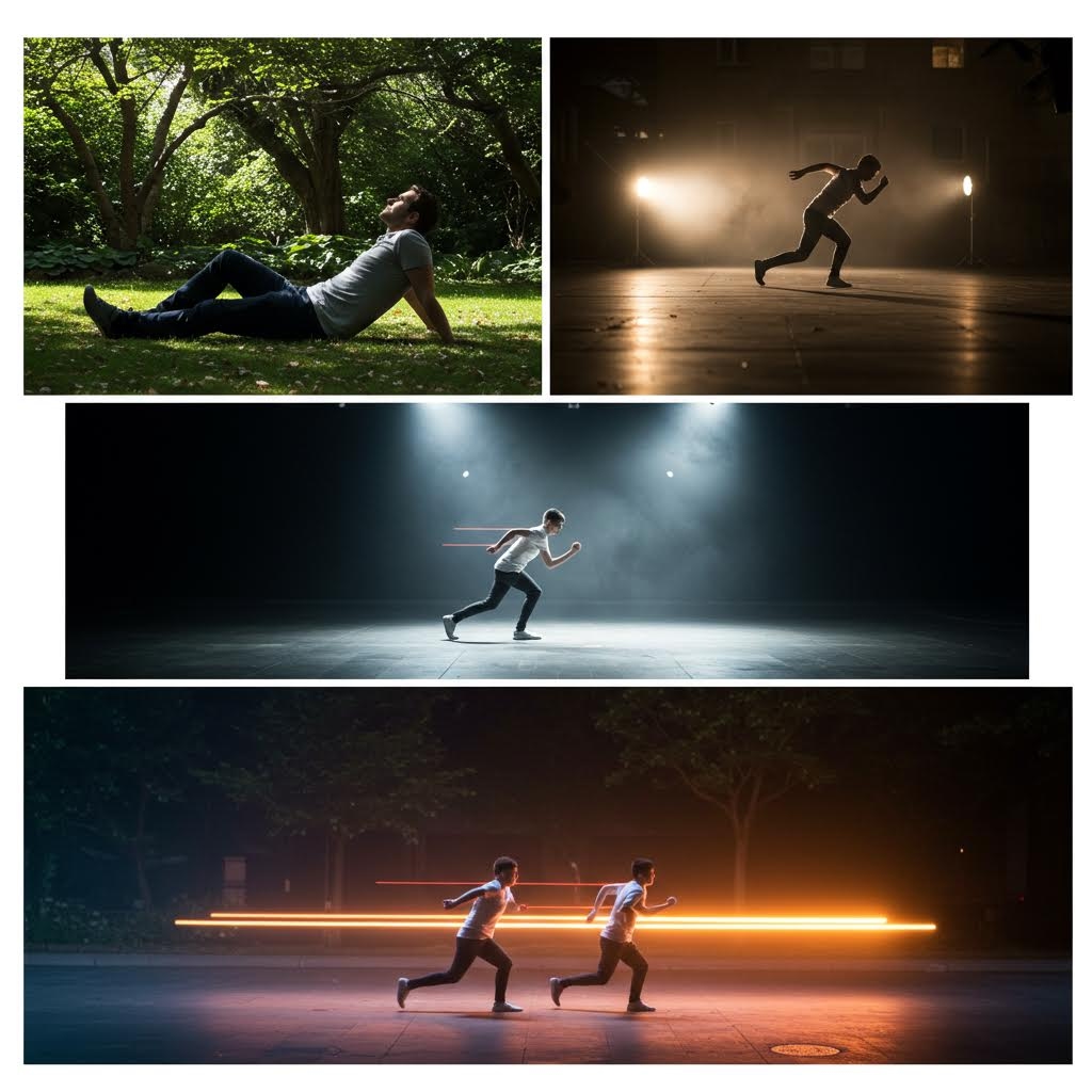 초록 숲속에서 누워 휴식을 취하는 장면과 어두운 공간에서 조명 아래 달리는 인물, 그리고 긴 노란 빛줄기와 함께 움직임의 속도를 시각적으로 강조한 러닝 장면들이 한 화면에 이어진 구성.