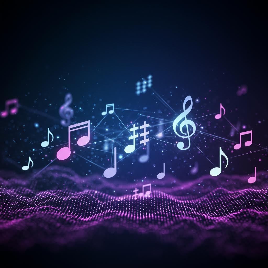 빛의 입자로 만들어진 음표와 선율 흐름이 어두운 공간 위에서 춤추듯 퍼져나가는 장면의 인상