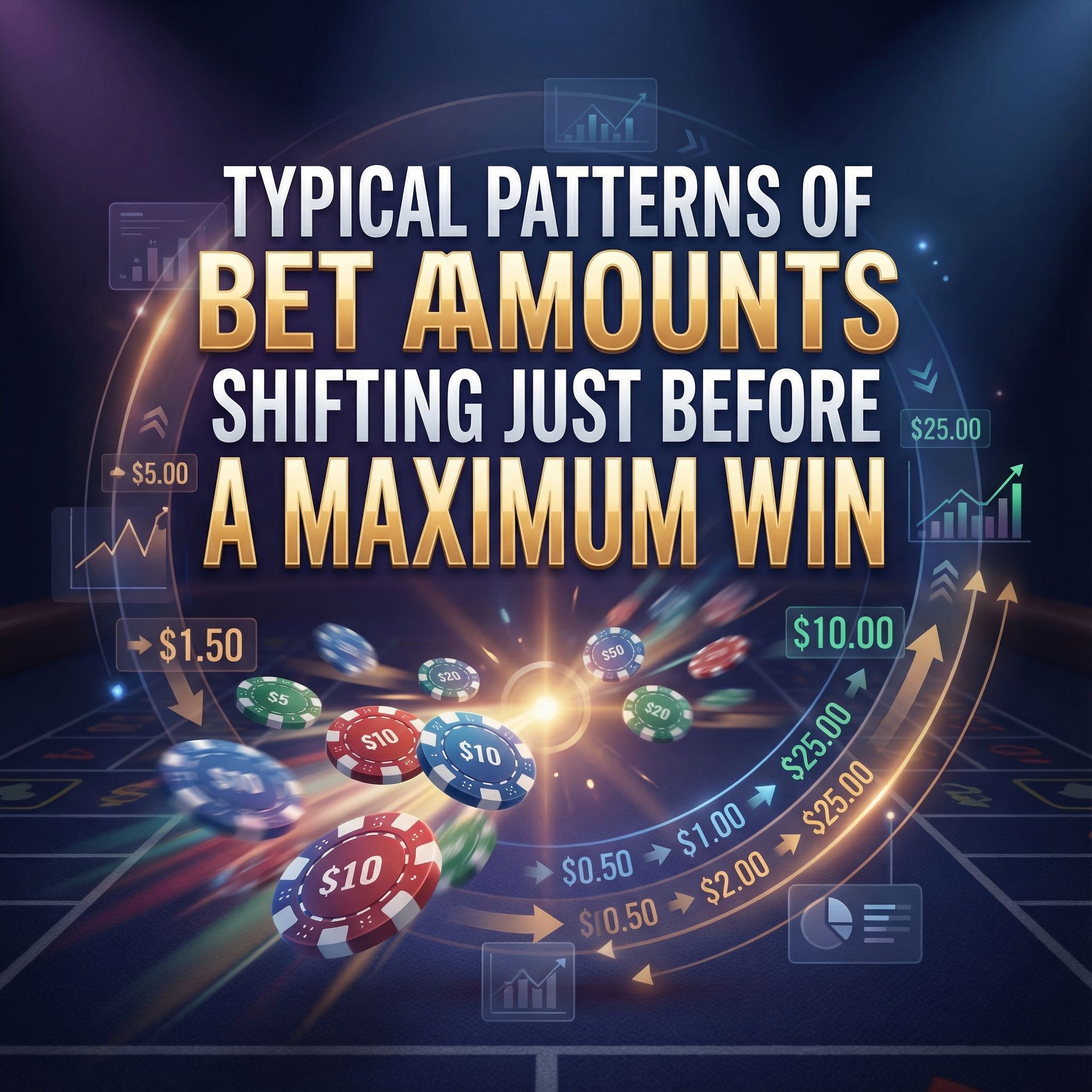 긴장감 있는 어두운 조명 아래, 카지노 칩과 변하는 베팅 숫자가 이동하는 인포그래픽 카드 모습이다