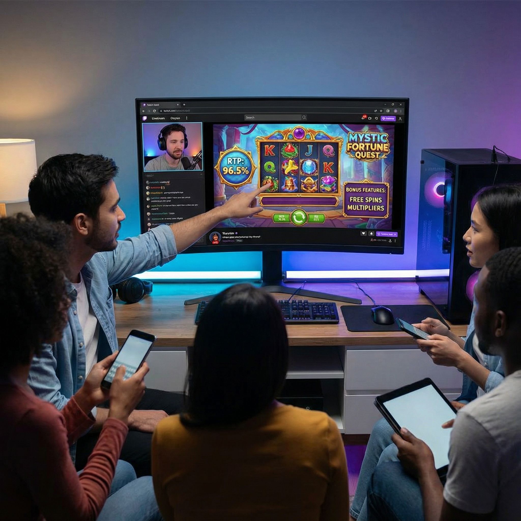 어두운 방에서 모니터에 슬롯게임 리뷰 라이브, 제목과 RTP, 보너스가 선명한 모습이다