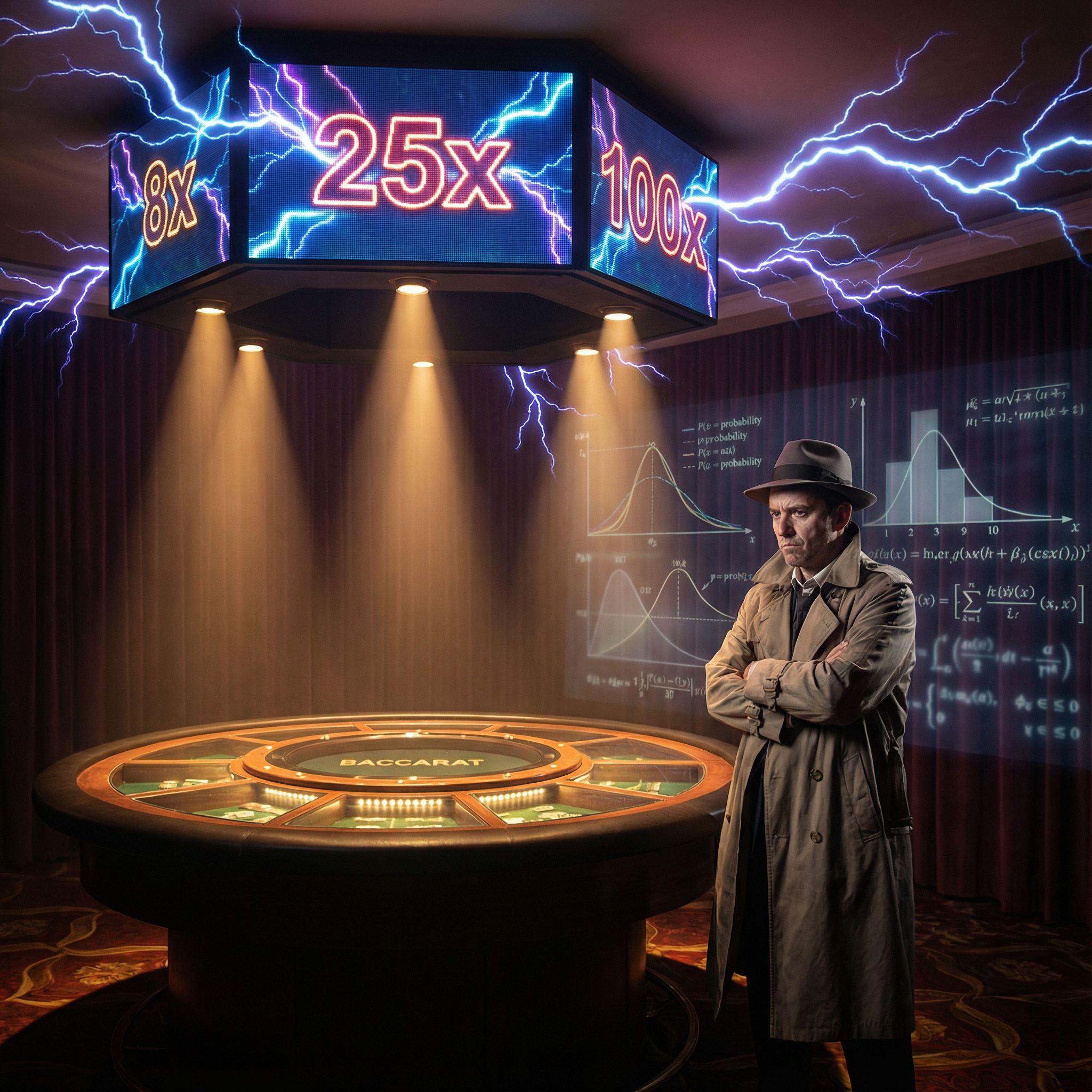 어두운 카지노 조명 아래 바카라 테이블, 번개 효과와 큰 배당 숫자, 뒤엔 확률 차트와 의심스런 도박꾼