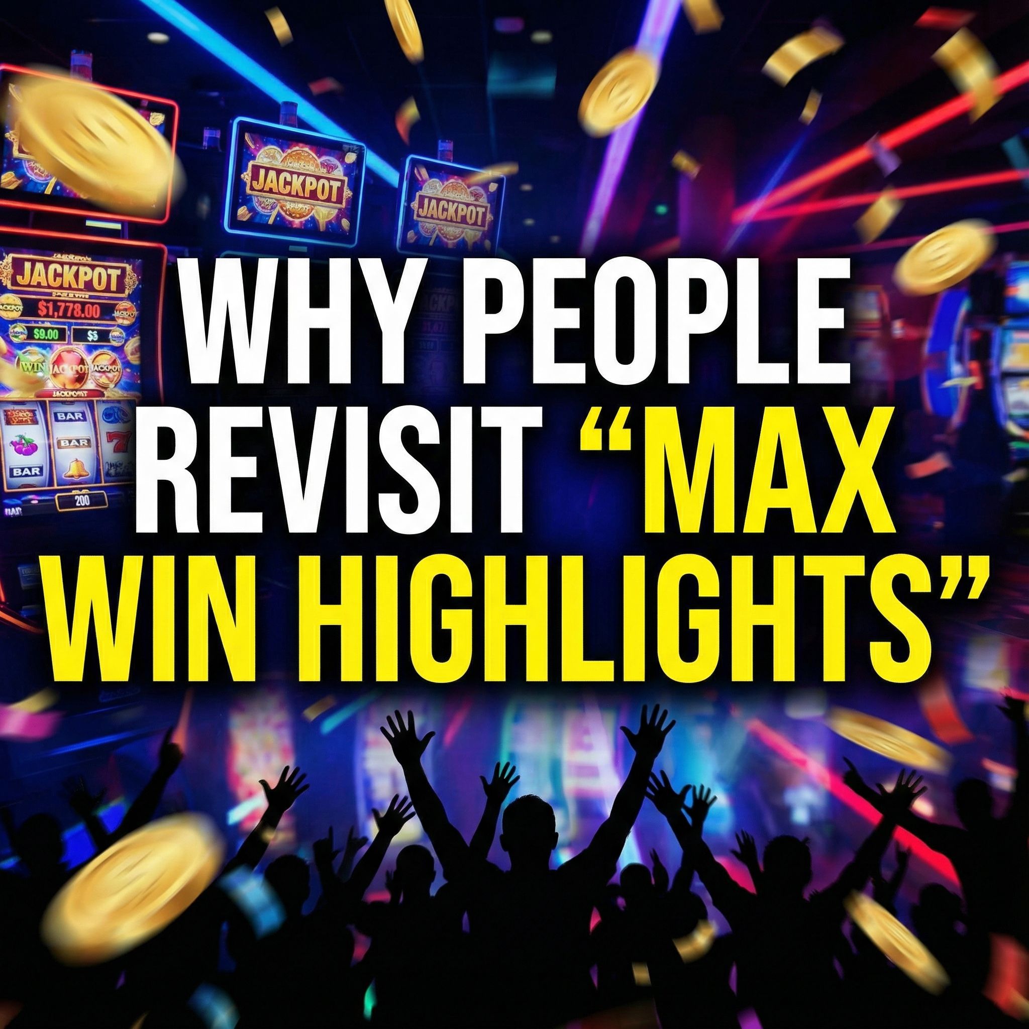 카지노 몽타주 위에 굵은 제목, 번쩍이는 슬롯릴과 환호 실루엣이 대비된 모습이다