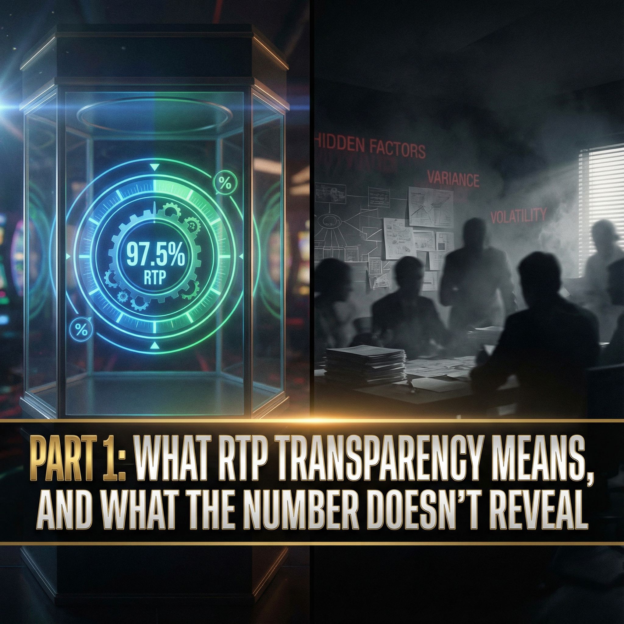 검은 배경 타이틀카드, 좌우 분할된 카지노 퍼센트 게이지와 뒤편 그림자 요소를 대비한 모습이다