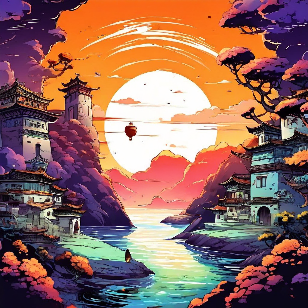 거대한 해가 떠 있는 협곡 사이로 물길이 흐르고 전통 누각이 맞서 선 채 색채가 겹치는 장면