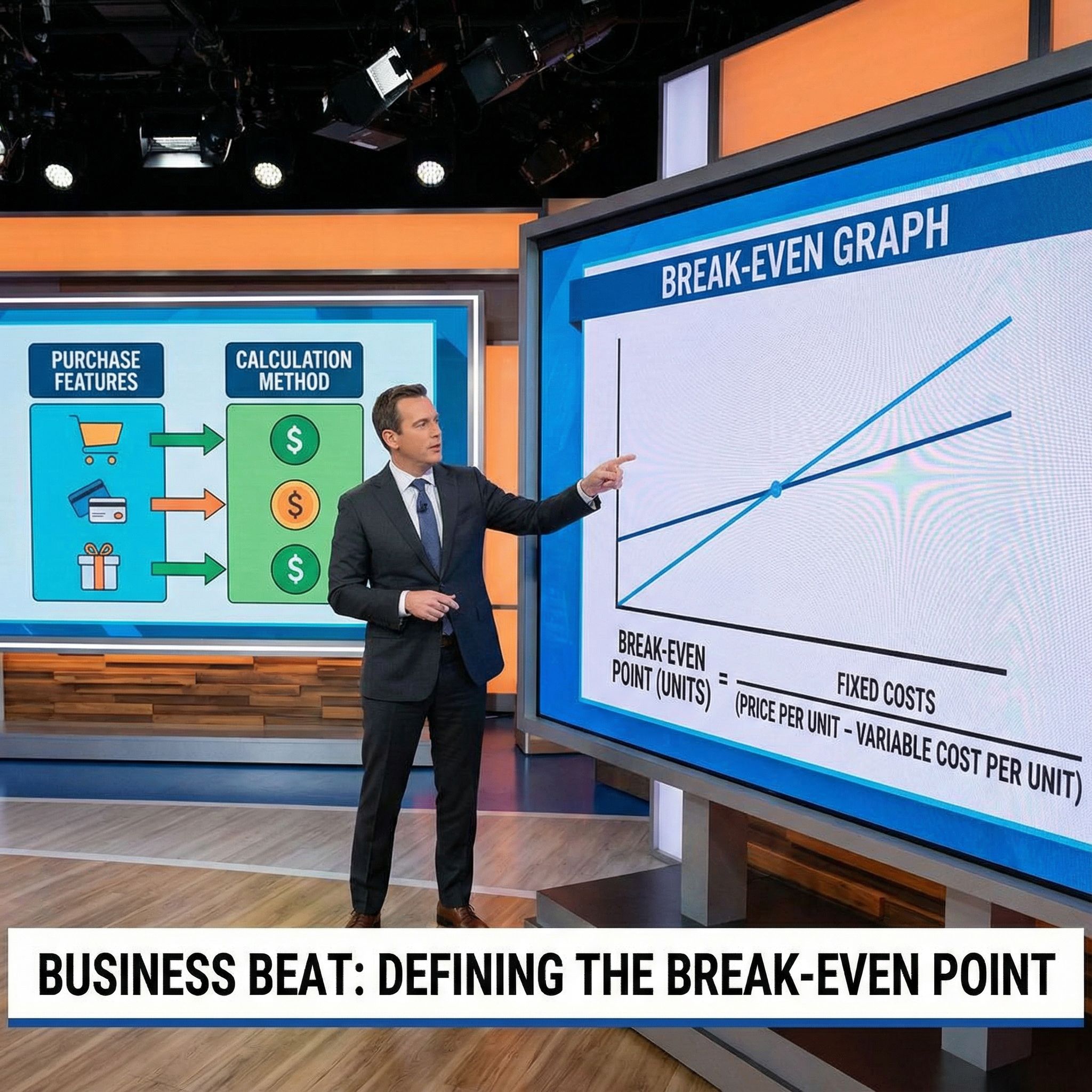 파란 TV 스튜디오에서 진행자가 손익분기점 그래프와 수식 차트를 가리키는 모습이다