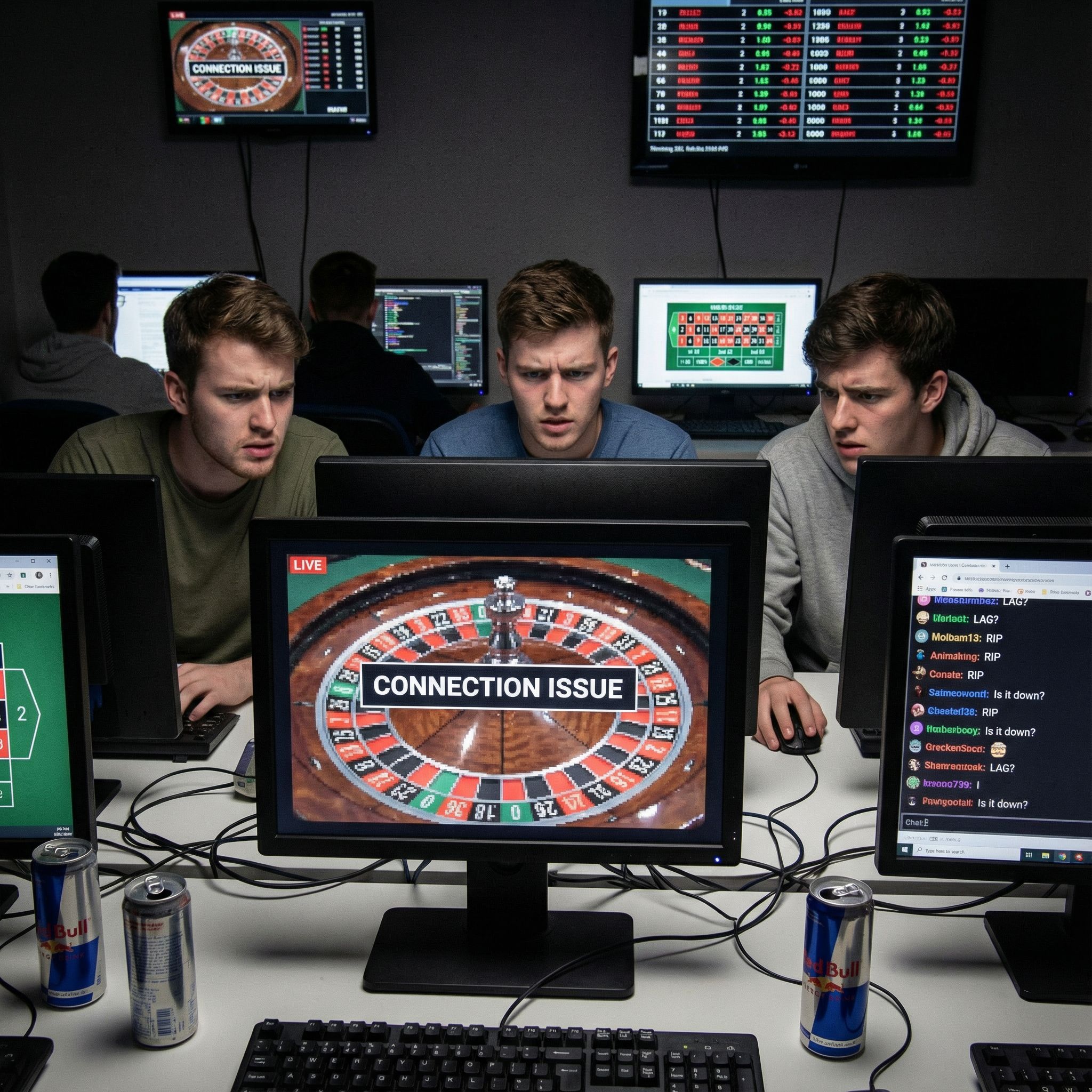 어두운 방에서 모니터 불빛 속 걱정한 표정, 채팅 스크롤과 번쩍이는 배팅 배당률이 보이는 모습이다