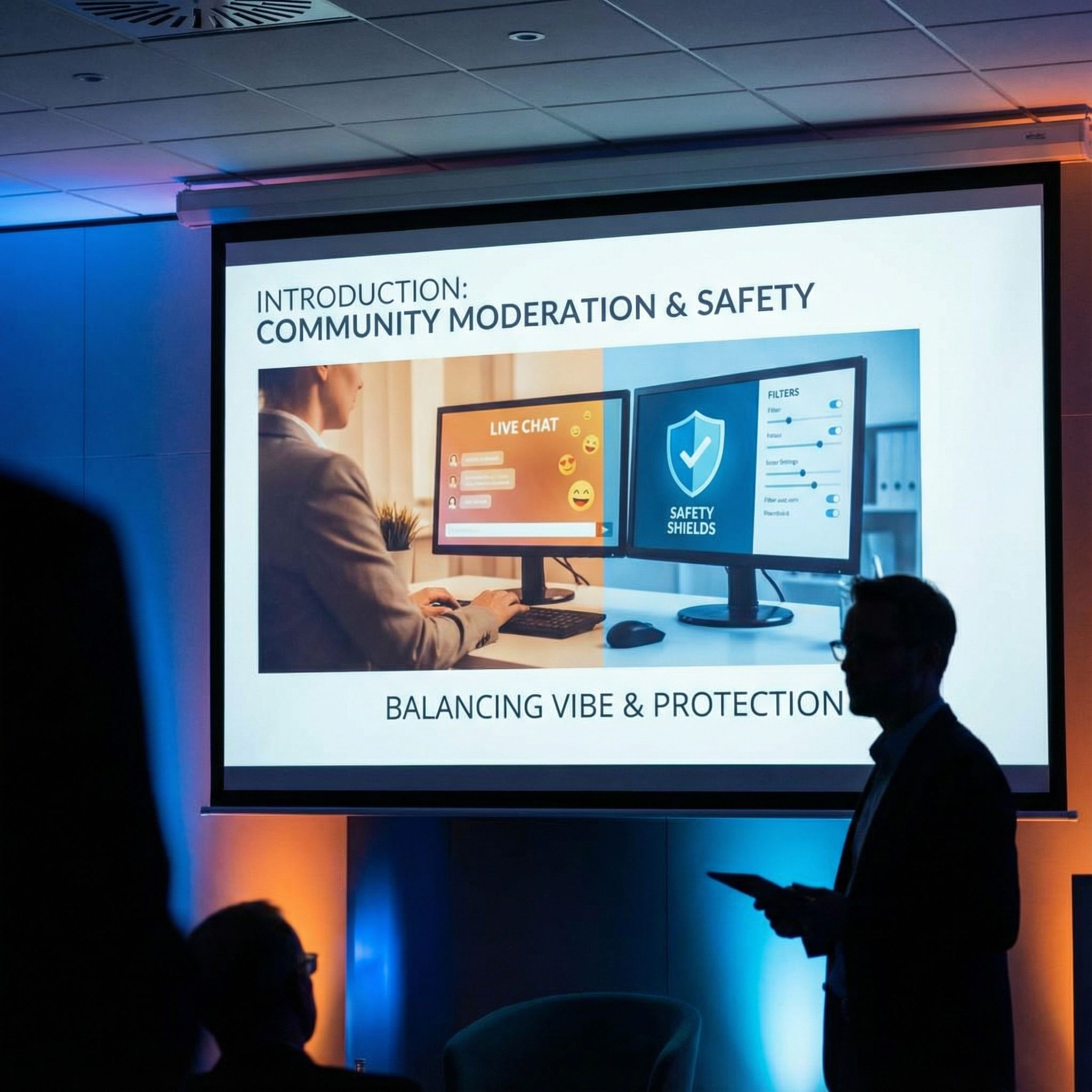 차분한 사무실 배경, 분할 조명 속 진행자와 채팅창 UI, 따뜻함과 안전 방패 아이콘이 보이는 모습이다