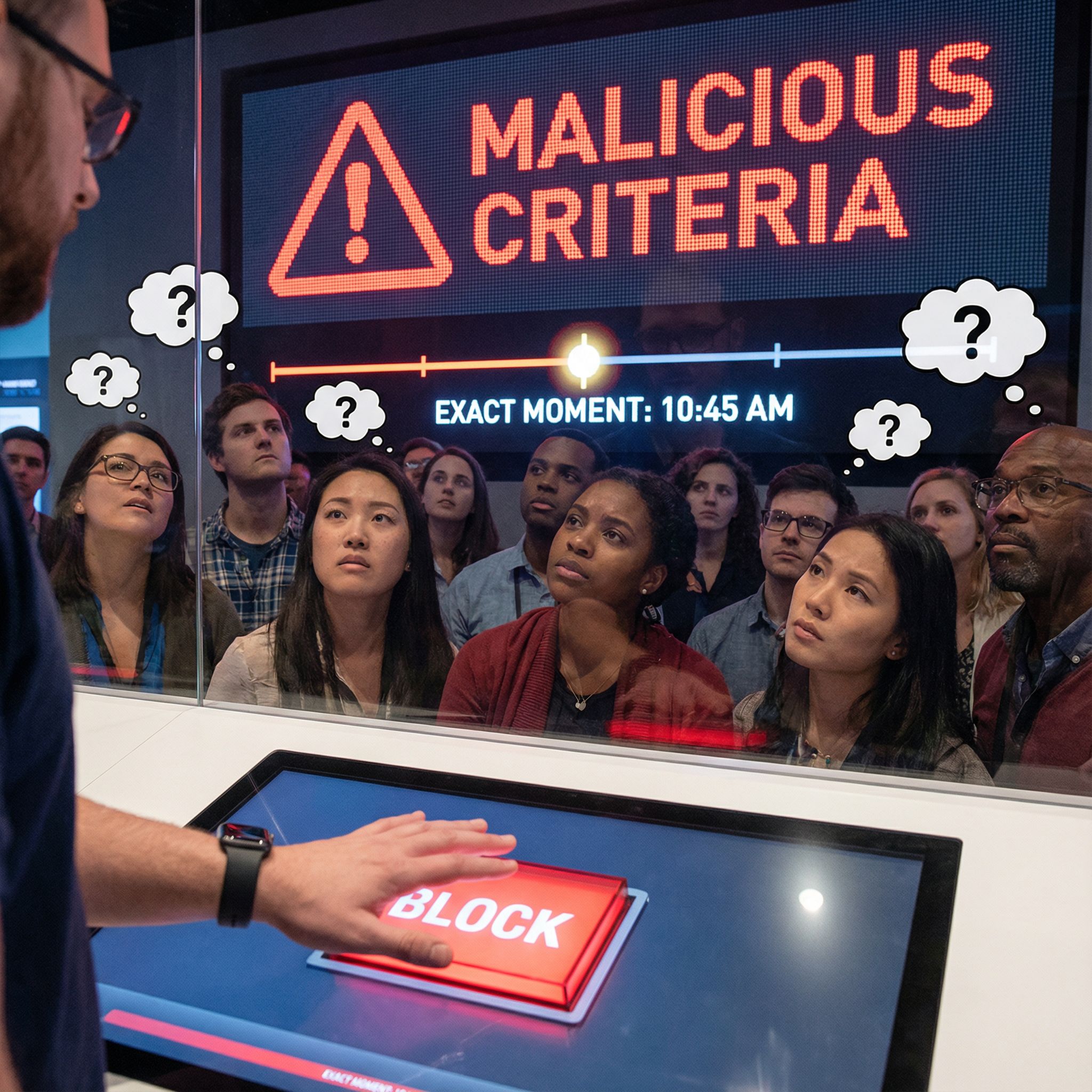 유리 벽 너머로 악성 기준 경고 화면과 시간 표시가 보이고 여러 사람이 의문을 품은 표정으로 지켜보는 가운데 관리자가 차단 버튼을 누르는 결정적 순간이다