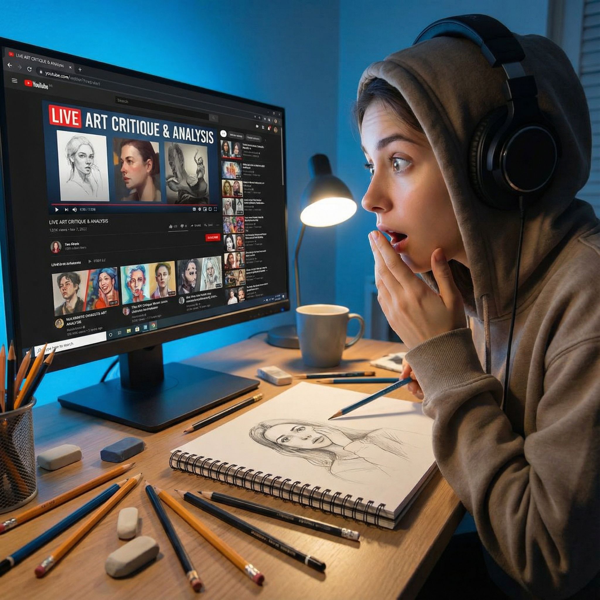 책상 위 스케치북 옆, 초보 화가가 빛나는 모니터 썸네일에 몸을 기울이며 놀란 모습이다