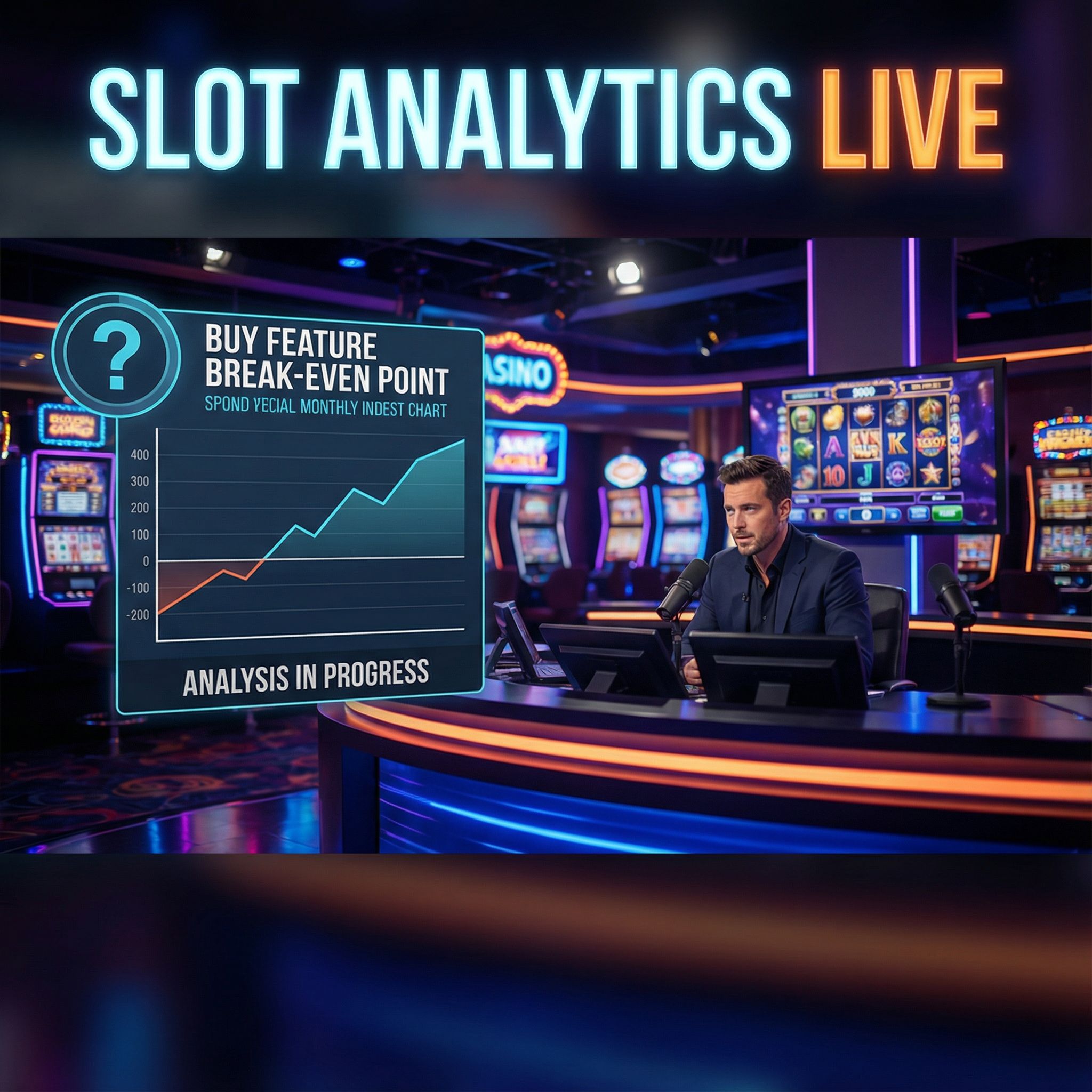 네온 카지노 조명 속 책상 앞 진행자와 손익분기 차트, 물음표가 있는 모습이다