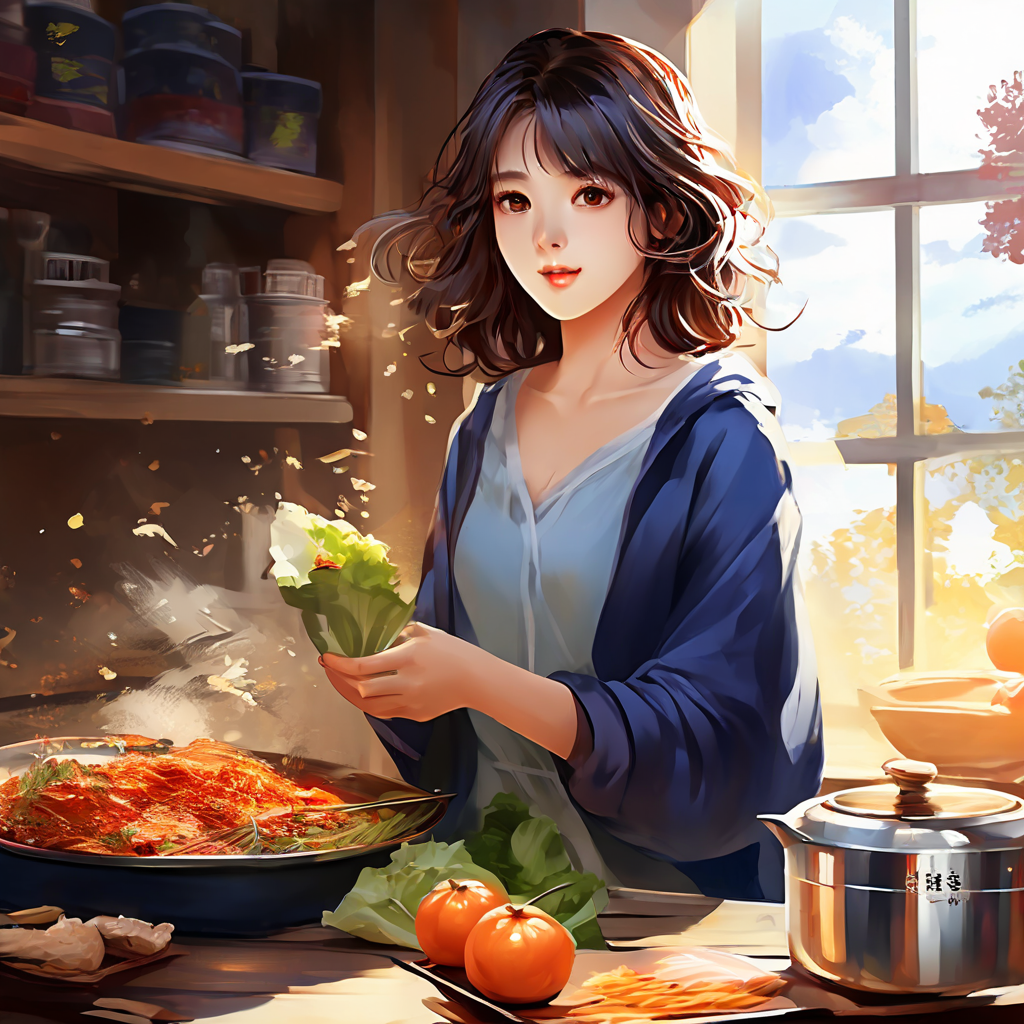 김이 오르는 팬 옆에서 채소를 쥔 손길과 부엌 풍경이 일상의 여유를 전하는 순간