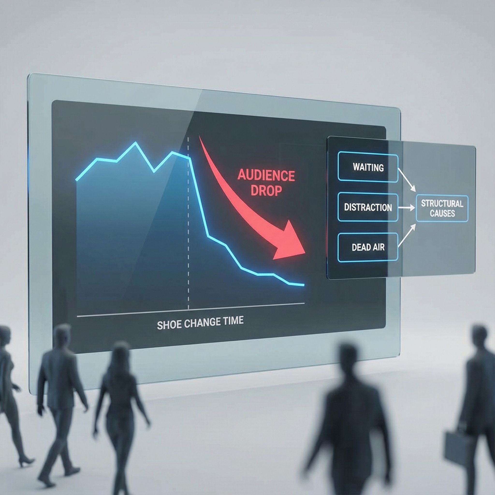 어두운 스튜디오 배경에 대시보드, 급락 그래프와 원인 흐름도, 시청자 이탈 아이콘이 있는 모습이다