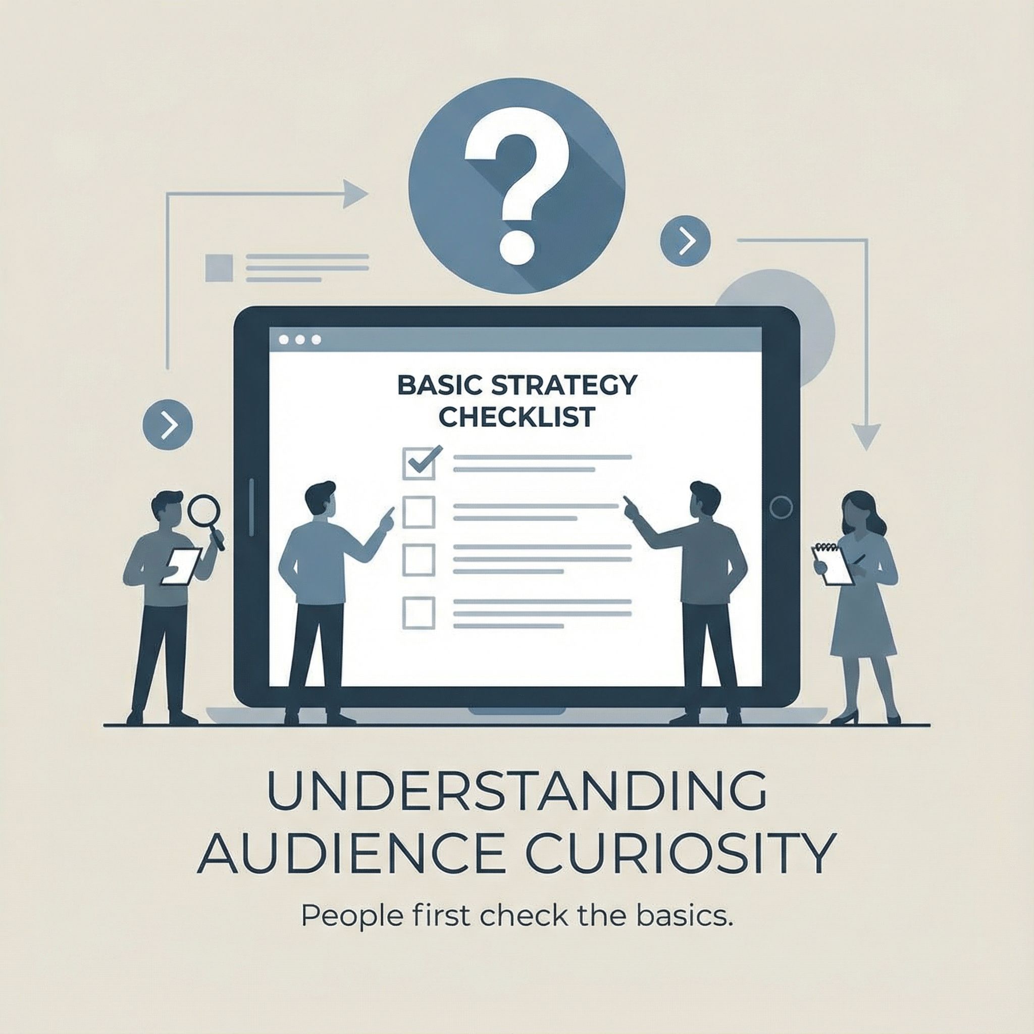 중립 배경에 기본전략 체크리스트 화면을 확인하는 사람들, 물음표 아이콘이 있는 미니 인포그래픽 모습이다