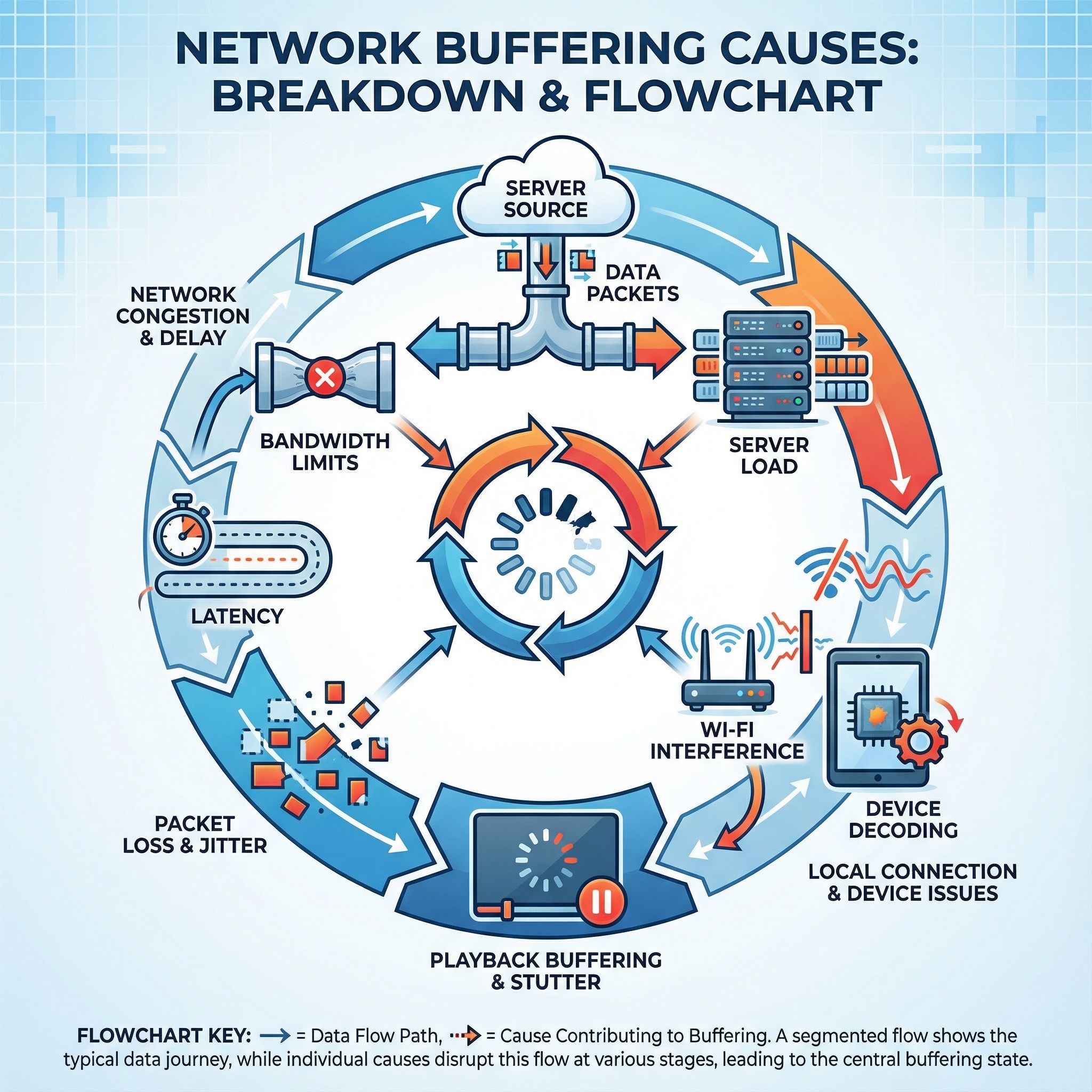 파란 톤 인포그래픽에 패킷·대역폭·지연 등 아이콘과 단계 흐름도가 배치된 모습이다