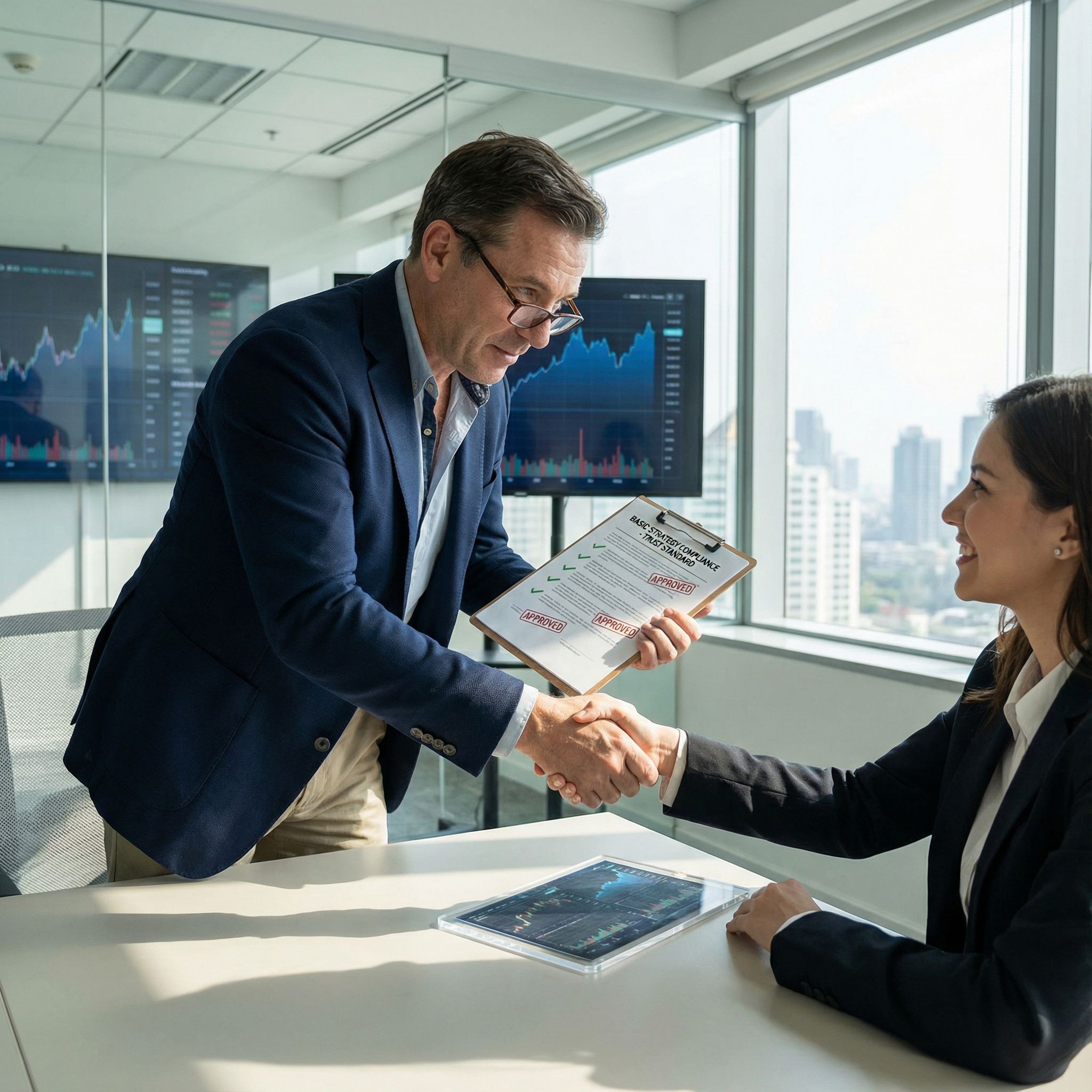 현대식 금융 사무실에서 체크리스트와 승인도장, 투명 차트 앞 악수하는 투자자 모습이다
