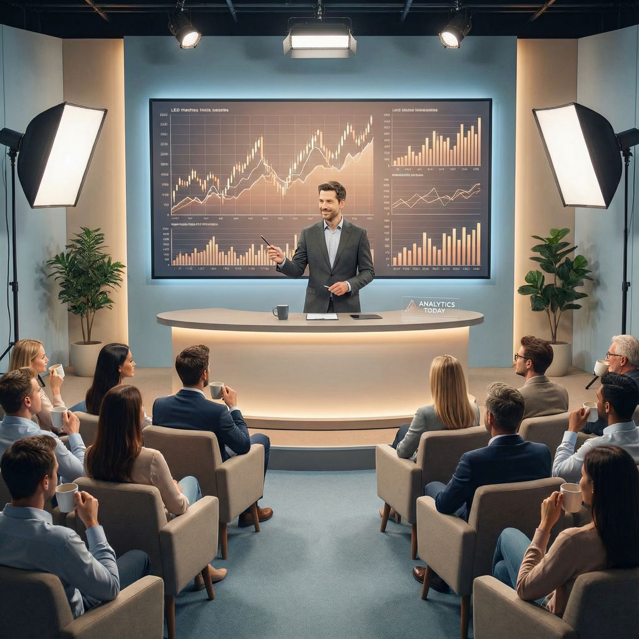 따뜻한 조명 아래 대칭형 스튜디오에서 진행자가 큰 화면의 차트를 분석하는 모습이다