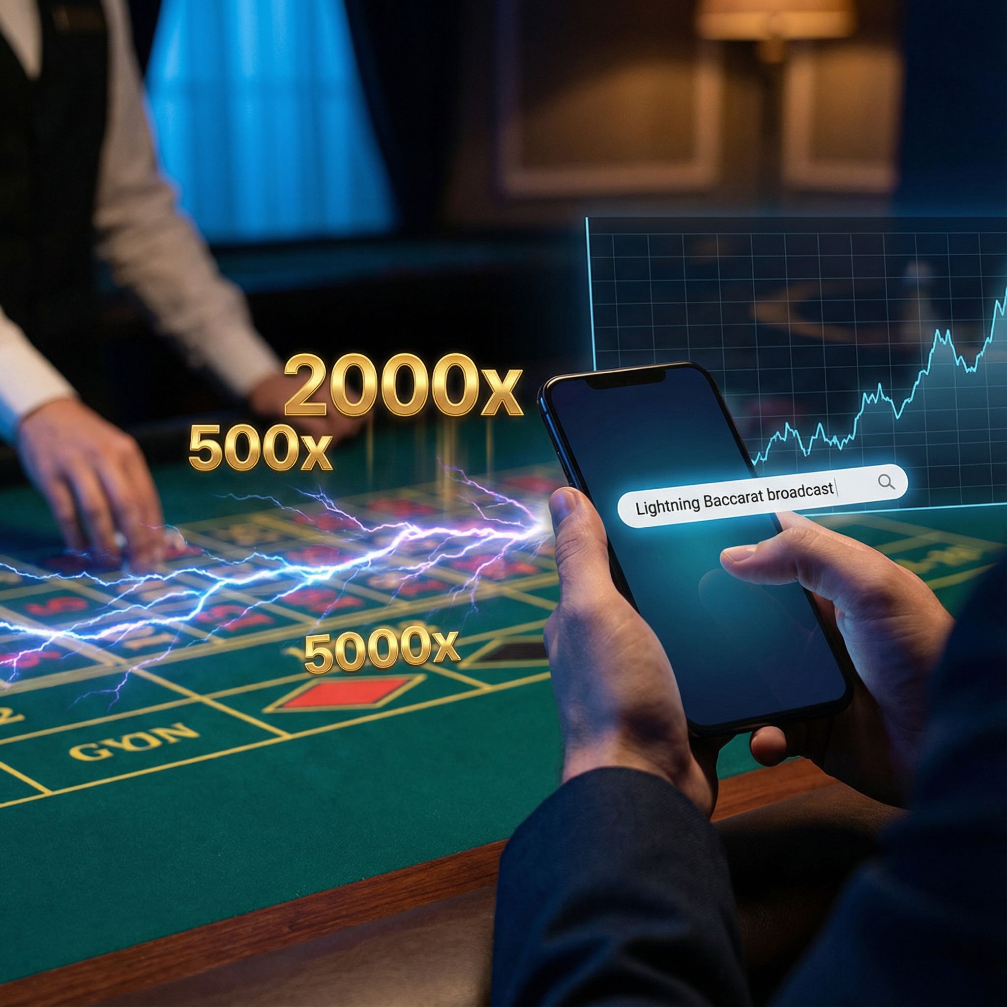 푸른빛 스마트폰에 검색어, 뒤로 상승 그래프와 번개 카지노 테이블이 밝게 보이는 모습이다