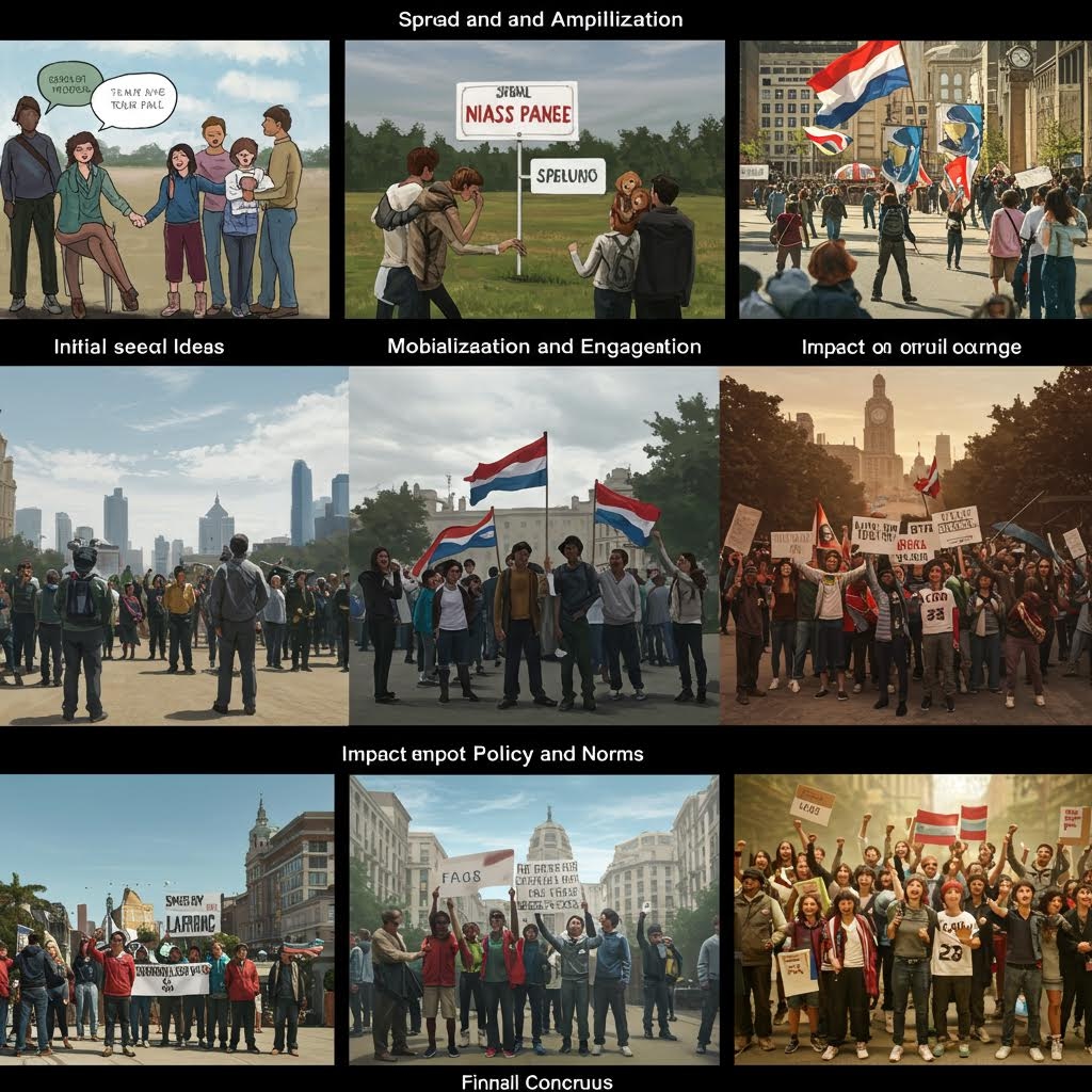 무리를 이룬 사람들이 손팻말을 들고 이동하며 공동의 메시지를 퍼뜨리는 모습