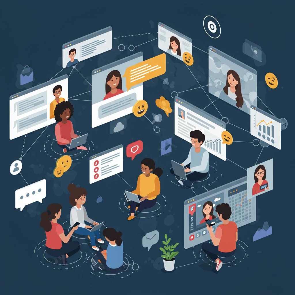 여러 사람이 노트북과 모바일 기기를 사용하며 메시지 창과 프로필 화면이 서로 연결된 채 활발한 온라인 소통이 이루어지는 장면