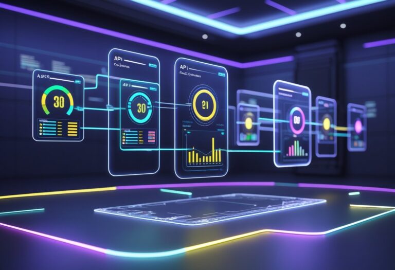 여러 카지노 API 제공자의 응답 속도 차이에 따른 사용자 경험 변화를 보여주는 3D 디지털 대시보드 장면