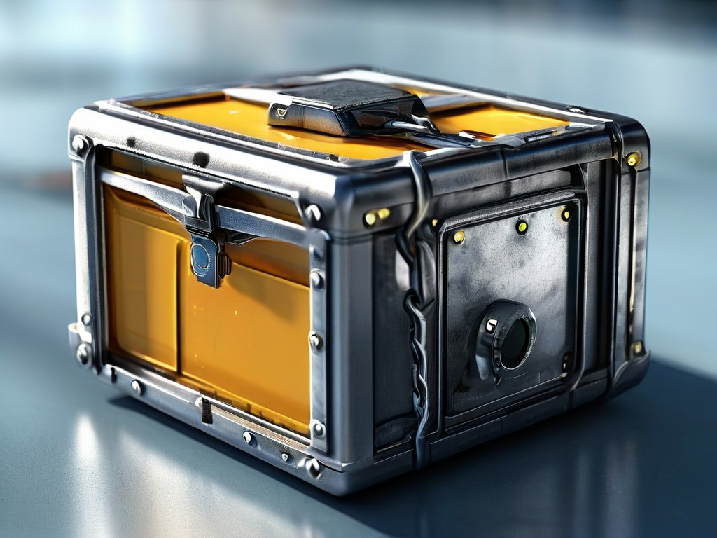 A sealed metal storage case with a short chain and small blocks representing file locations on a brushed metal surface in angled...