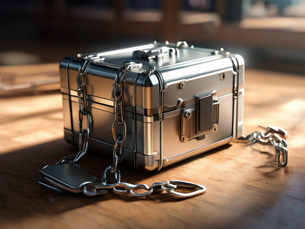 A sealed metal case with a short chain and small blocks representing file locations on a brushed surface.