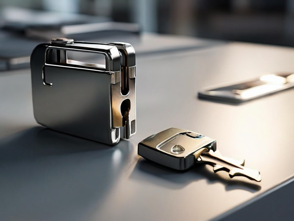 A padlock, key case, and blank security card arranged on brushed metal for account safety preparation.
